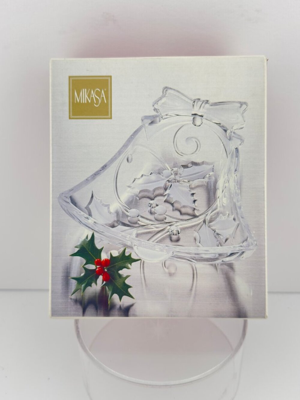 VINTAGE MIKASA Season's Holly Christmas Candy Crystal Clear Bell 7" Dish, Japan